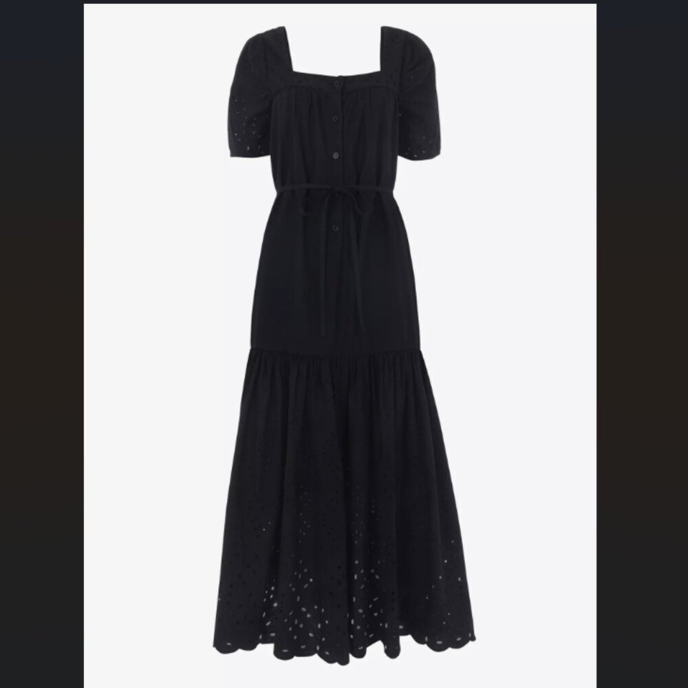 WHISTLES Broderie square-neck puff-sleeve cotton midi dress, Size 2